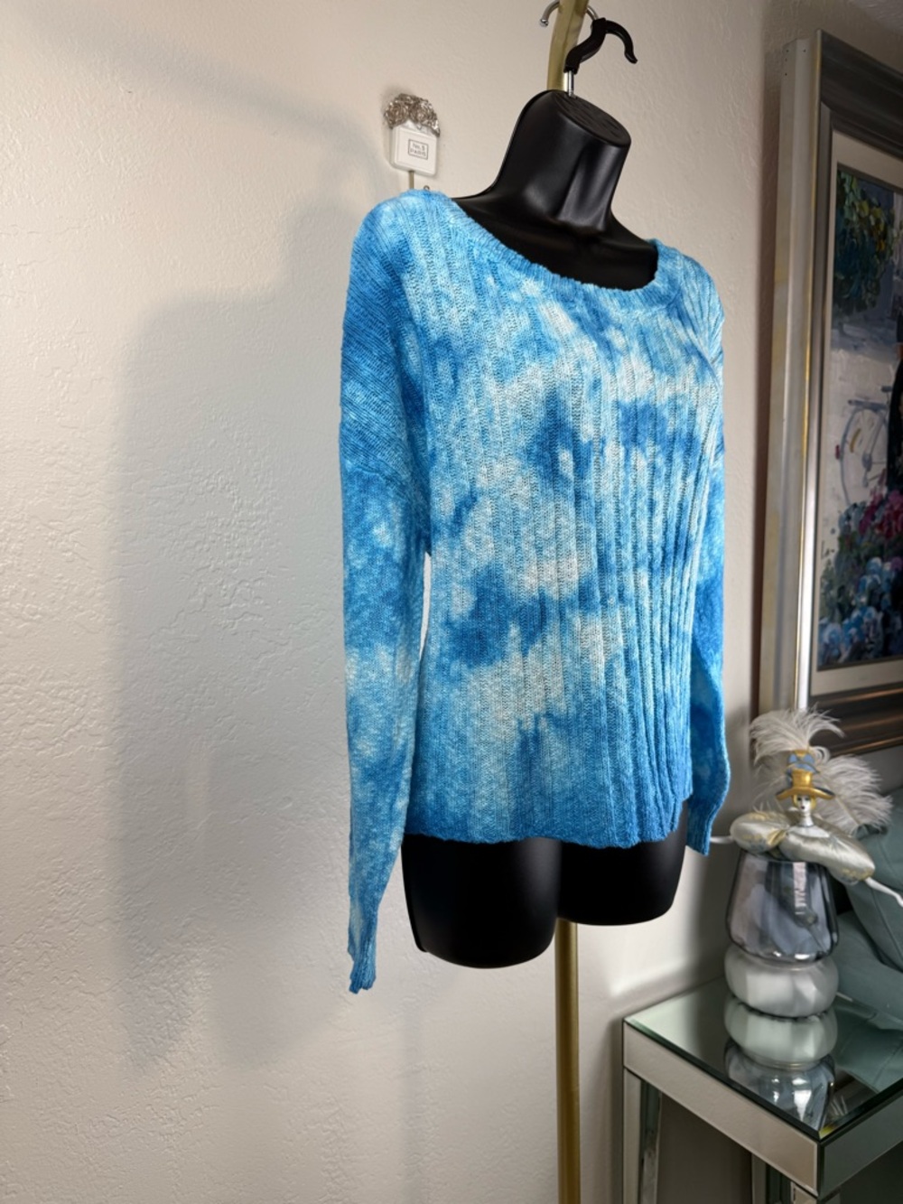 Central Park West Blue Tie-Dye Scoop Neck Summer Sweater/Cotton L Coastal NWOT